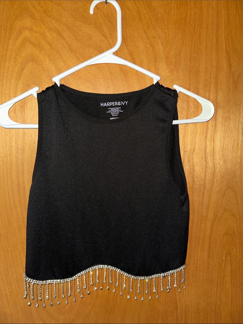 Harper & Ivy Black Beaded Fringe Crop Top